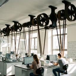 A modern research lab still driven by an old factory line shaft and belts overhead